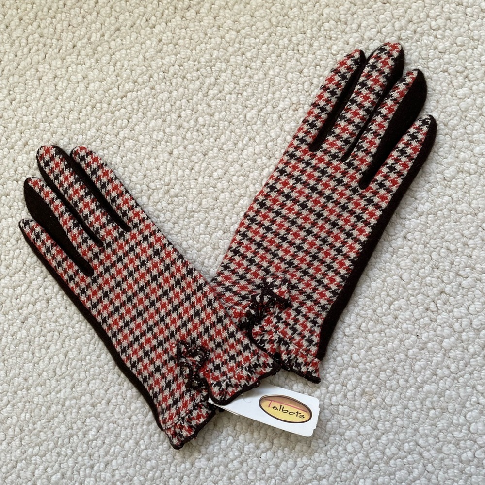 Talbots Women's Red Black Houndstooth Wool/Cashmere Blend  Gloves